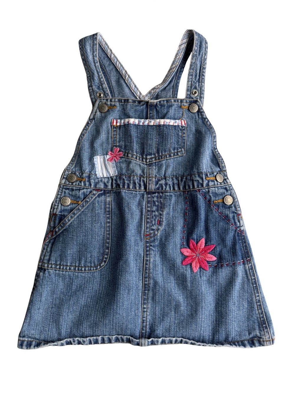 Y2K Vintage 2002 Baby Gap Kids Denim Overall Dress with Pink Flower Embroidery